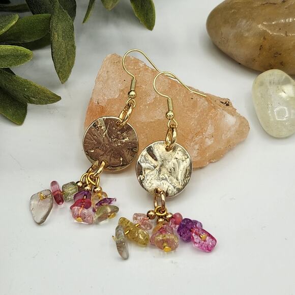 Citrine Pink Glass Stone Beads Memory Wire Bracelet and Earrings Set - Picture 3 of 9